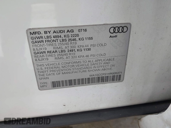 2017 Audi Q3 Prestige z VIN WA1GCCFS1HR005371, wystawiony jako IAAI lot #41991188 z przebiegiem 86 380 mil mil oraz . Historia ofert i sprzedaży dostępna na DreamBid. Obrazek 9.