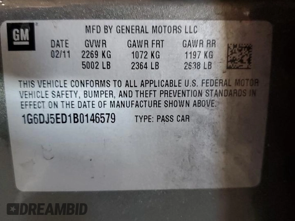 2011 Cadillac CTS Performance with VIN 1G6DJ5ED1B0146579, listed as a Copart auction lot 78317594 with 120,391 mi miles and Salvage Title. Bid and sale history available at DreamBid. Image 12.