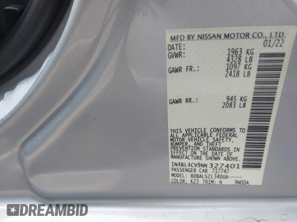 2022 Nissan Altima SR z VIN 1N4BL4CV9NN327401, wystawiony jako IAAI lot #41602929 z przebiegiem 61 130 mil mil oraz . Historia ofert i sprzedaży dostępna na DreamBid. Obrazek 9.
