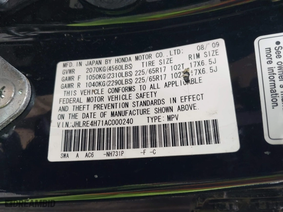 2010 Honda CR-V EX-L with VIN JHLRE4H71AC000240, listed as a IAAI auction lot 41892834 with 222,419 mi miles. Bid and sale history available at carsss.com. Image 9.