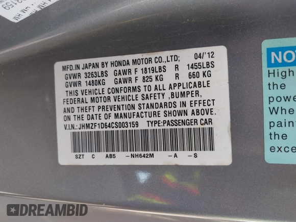 2012 Honda CR-Z EX with VIN JHMZF1D64CS003159, listed as a IAAI auction lot 42041150 with 152,123 mi miles and . Bid and sale history available at DreamBid. Image 9.