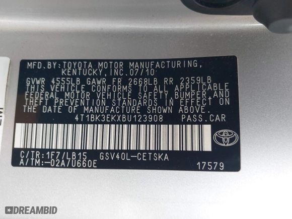 2011 Toyota Camry LE with VIN 4T1BK3EKXBU123908, listed as a IAAI auction lot 42075367 with 122,607 mi miles. Bid and sale history available at carsss.com. Image 9.
