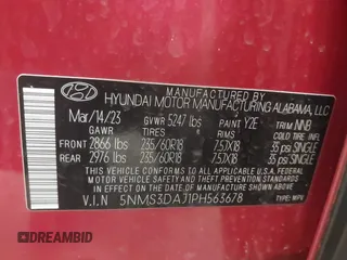 2023 Hyundai Santa Fe SEL z VIN 5NMS3DAJ1PH563678, wystawiony jako IAAI lot #41712478 z przebiegiem 26 151 mil mil oraz . Historia ofert i sprzedaży dostępna na DreamBid. Obrazek 9.
