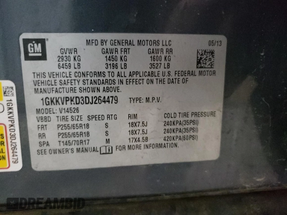 2013 GMC Acadia SLE z VIN 1GKKVPKD3DJ264479, wystawiony jako Copart lot #54914035 z przebiegiem 173 100 mil mil oraz Czysty tytuł • Clean title. Historia ofert i sprzedaży dostępna na DreamBid. Obrazek 13.