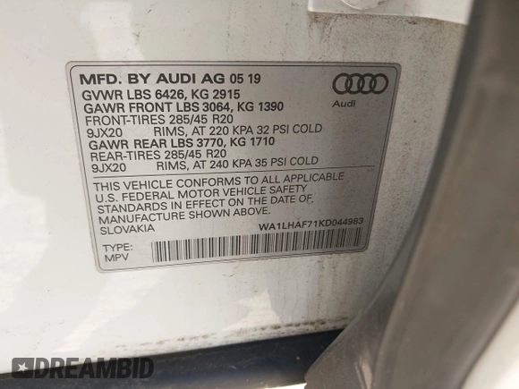 2019 Audi Q7 Premium Plus with VIN WA1LHAF71KD044983, listed as a IAAI auction lot 41367170 with 62,564 mi miles and . Bid and sale history available at DreamBid. Image 9.