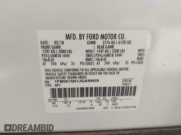 2018 Ford Explorer с VIN 1FM5K7B81JGA99959, выставлен на аукционе IAAI как лот 42234541 с пробегом 46 457 миль миль и . История ставок и продаж доступна на DreamBid. Изображение 9.