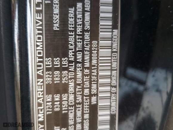 2018 McLaren 570S with VIN SBM13FAA1JW004280, listed as a Copart auction lot 63609654 with 22,596 mi miles and Salvage Title. Bid and sale history available at carsss.com. Image 12.