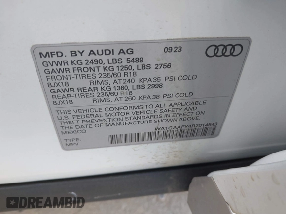 2024 Audi Q5 S line Premium with VIN WA1GAAFY4R2014543, listed as a IAAI auction lot 41704011 with 10,826 mi miles and . Bid and sale history available at DreamBid. Image 9.