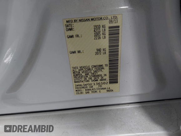 2014 Nissan Altima S with VIN 1N4AL3AP5EC136502, listed as a IAAI auction lot 42143885 with 116,923 mi miles and . Bid and sale history available at DreamBid. Image 9.