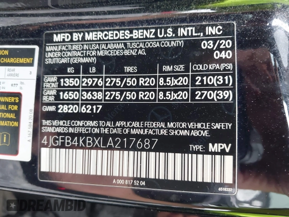 2020 Mercedes-Benz GLE 350 with VIN 4JGFB4KBXLA217687, listed as a IAAI auction lot 42518032 with 98,985 mi miles and . Bid and sale history available at DreamBid. Image 9.
