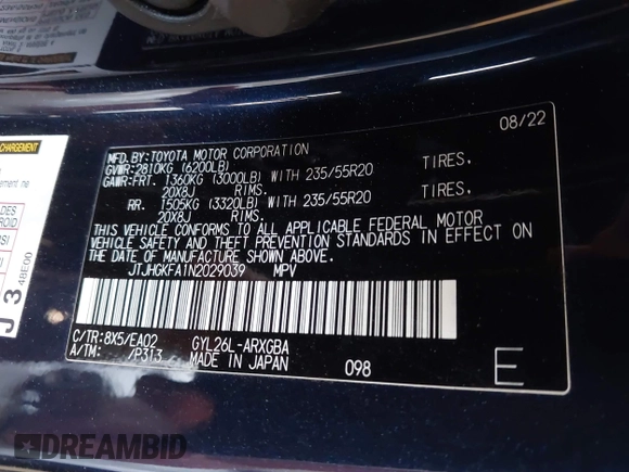 2022 Lexus RX 450hL с VIN JTJHGKFA1N2029039, выставлен на аукционе IAAI как лот 42569005 с пробегом 26 441 миль миль и . История ставок и продаж доступна на DreamBid. Изображение 9.