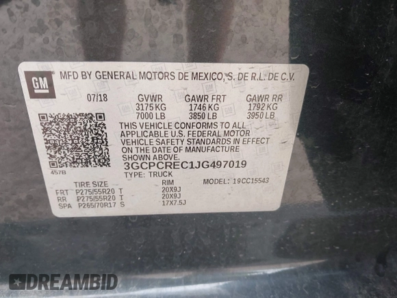 2018 Chevrolet Silverado 1500 LT with VIN 3GCPCREC1JG497019, listed as a IAAI auction lot 41459936 with 52,691 mi miles and . Bid and sale history available at DreamBid. Image 9.