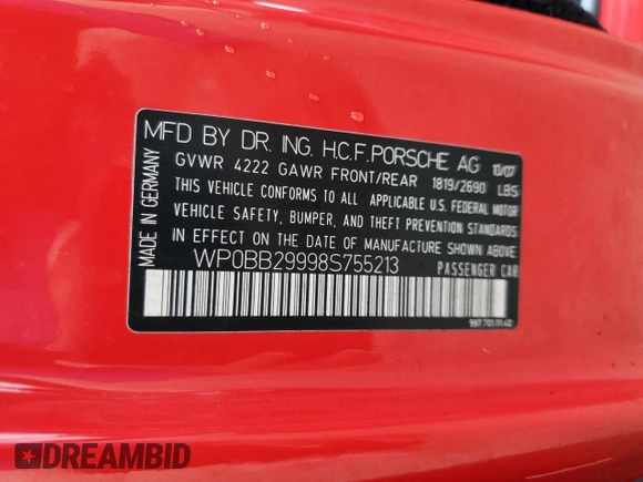 2008 Porsche 911 4S with VIN WP0BB29998S755213, listed as a Copart auction lot 73785564 with Not Provided miles and Salvage Title. Bid and sale history available at carsss.com. Image 13.