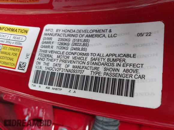 2021 Honda Accord Sport with VIN 1HGCV2F3XMA017580, listed as a IAAI auction lot 40373988 with 15,973 mi miles and . Bid and sale history available at DreamBid. Image 9.