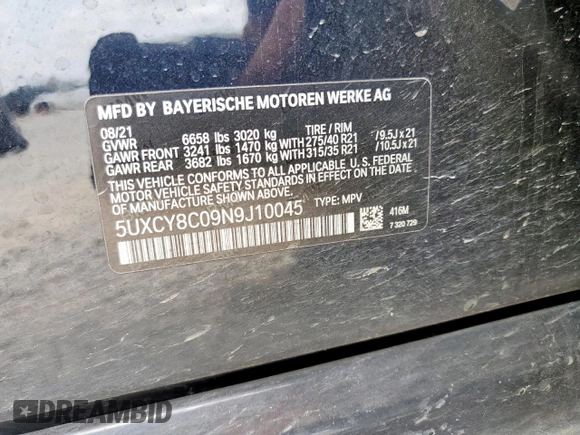 2022 BMW X6 M50i z VIN 5UXCY8C09N9J10045, wystawiony jako Copart lot #57225715 z przebiegiem 54 024 mil mil oraz Szkoda całkowita • Salvage title. Historia ofert i sprzedaży dostępna na DreamBid. Obrazek 14.