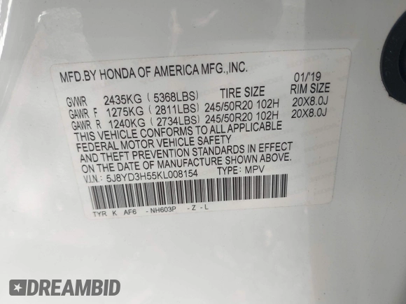 2019 Acura MDX w/Technology Pkg with VIN 5J8YD3H55KL008154, listed as a IAAI auction lot 41983227 with 64,403 mi miles. Bid and sale history available at carsss.com. Image 9.