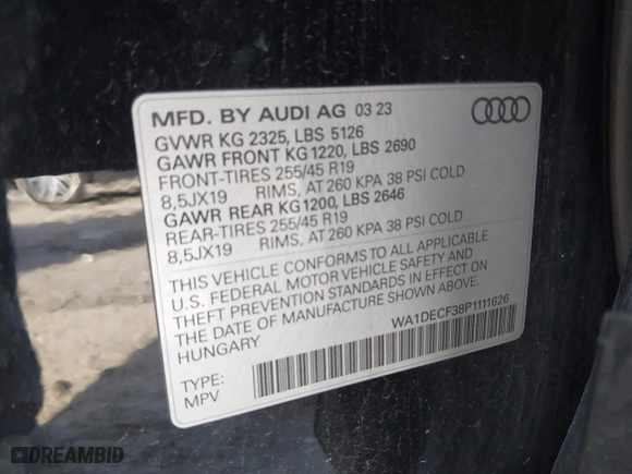 2023 Audi Q3 S line Premium with VIN WA1DECF38P1111626, listed as a IAAI auction lot 41935732 with 38,777 mi miles. Bid and sale history available at carsss.com. Image 9.