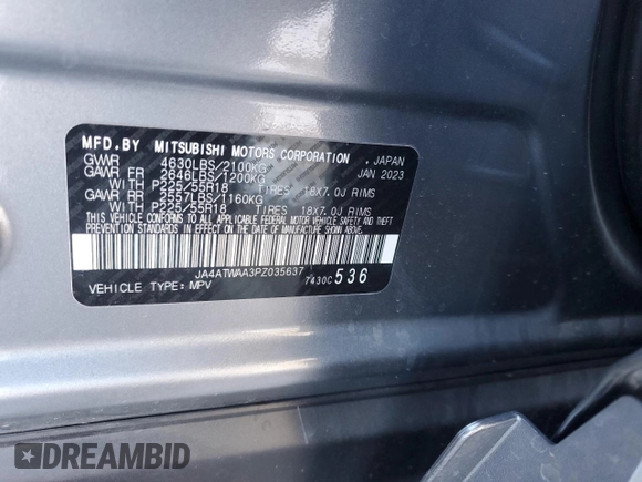 2023 Mitsubishi Eclipse Cross SE z VIN JA4ATWAA3PZ035637, wystawiony jako Copart lot #88260165 z przebiegiem 20 996 mil mil oraz Szkoda całkowita • Salvage title. Historia ofert i sprzedaży dostępna na DreamBid. Obrazek 15.