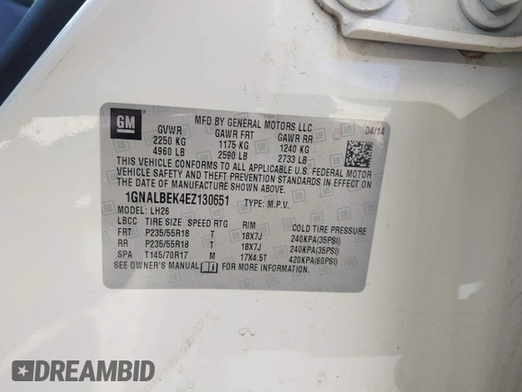 2014 Chevrolet Equinox LT z VIN 1GNALBEK4EZ130651, wystawiony jako IAAI lot #42194073 z przebiegiem 112 793 mil mil oraz . Historia ofert i sprzedaży dostępna na DreamBid. Obrazek 9.
