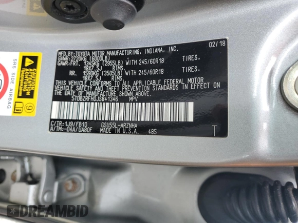 2018 Toyota Highlander LE with VIN 5TDBZRFH0JS841346, listed as a Copart auction lot 58398885 with 61,935 mi miles and Salvage title. Bid and sale history available at DreamBid. Image 14.