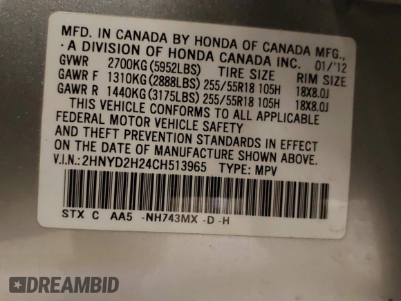 2012 Acura MDX with VIN 2HNYD2H24CH513965, listed as a IAAI auction lot 41608731 with 120,456 mi miles and . Bid and sale history available at DreamBid. Image 9.