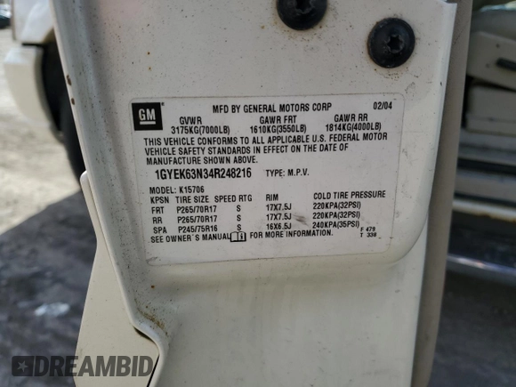 2004 Cadillac Escalade z VIN 1GYEK63N34R248216, wystawiony jako Copart lot #50672135 z przebiegiem Nie podano mil oraz Szkoda całkowita • Salvage title. Historia ofert i sprzedaży dostępna na DreamBid. Obrazek 13.