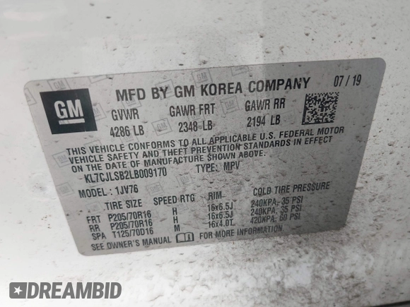 2020 Chevrolet Trax LT with VIN KL7CJLSB2LB009170, listed as a IAAI auction lot 42285508 with 40,936 mi miles and . Bid and sale history available at DreamBid. Image 9.