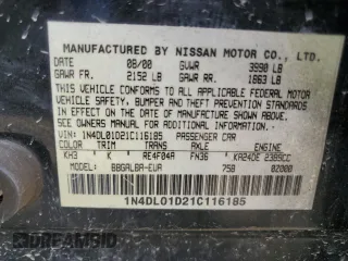 2001 Nissan Altima GXE with VIN 1N4DL01D21C116185, listed as a Copart auction lot 46992554 with 99,579 mi miles and Salvage Title. Bid and sale history available at carsss.com. Image 12.