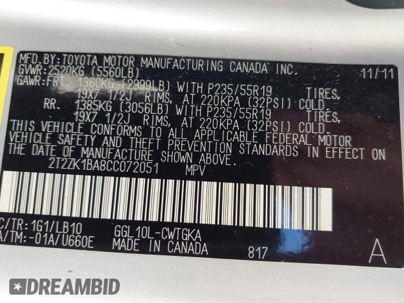 2012 Lexus RX with VIN 2T2ZK1BA8CC072051, listed as a IAAI auction lot 41991369 with 224,105 mi miles and . Bid and sale history available at carsss.com. Image 9.