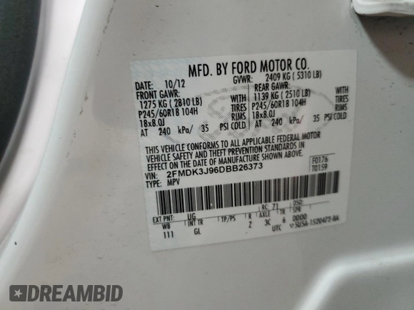 2013 Ford Edge SEL with VIN 2FMDK3J96DBB26373, listed as a Copart auction lot 53046955 with 169,715 mi miles and Clean Title. Bid and sale history available at carsss.com. Image 13.