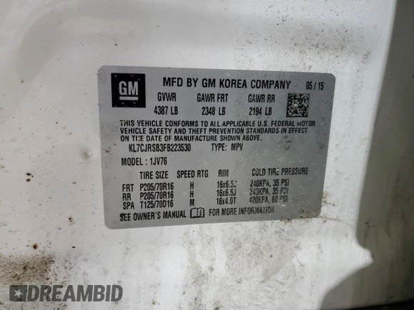 2015 Chevrolet Trax LT with VIN KL7CJRSB3FB223530, listed as a Copart auction lot 81809844 with 98,631 mi miles and Salvage Title. Bid and sale history available at DreamBid. Image 13.