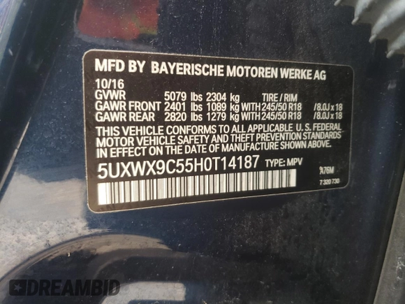 2017 BMW X3 xDrive28i with VIN 5UXWX9C55H0T14187, listed as a Copart auction lot 55049325 with 173,346 mi miles and Salvage Title. Bid and sale history available at DreamBid. Image 13.