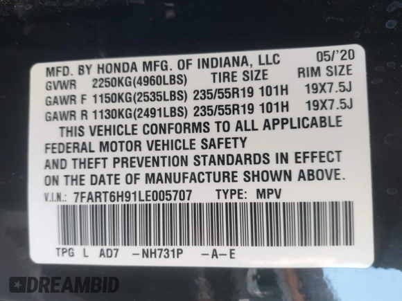 2020 Honda CR-V Touring z VIN 7FART6H91LE005707, wystawiony jako IAAI lot #42326337 z przebiegiem 40 555 mil mil oraz . Historia ofert i sprzedaży dostępna na DreamBid. Obrazek 9.