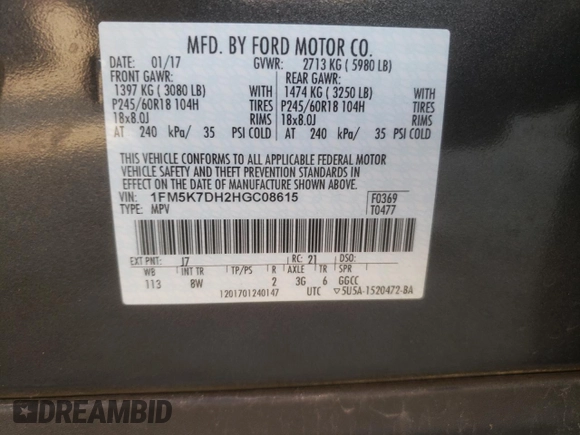 2017 Ford Explorer XLT with VIN 1FM5K7DH2HGC08615, listed as a Copart auction lot 46887325 with 79,519 mi miles and Salvage Title. Bid and sale history available at carsss.com. Image 14.