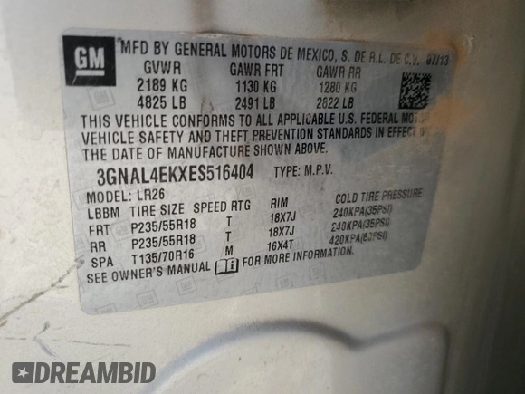 2014 Chevrolet Captiva Sport LTZ with VIN 3GNAL4EKXES516404, listed as a Copart auction lot 72170104 with Not Provided miles and Salvage Title. Bid and sale history available at DreamBid. Image 16.