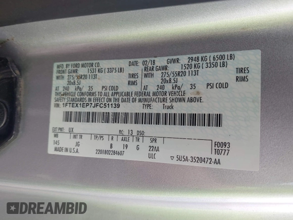 2018 Ford F-150 XL с VIN 1FTEX1EP7JFC51139, выставлен на аукционе IAAI как лот 41916321 с пробегом 114 856 миль миль и . История ставок и продаж доступна на DreamBid. Изображение 9.