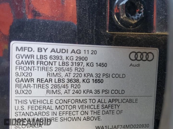 2021 Audi Q7 Premium Plus with VIN WA1LJAF74MD020930, listed as a Copart auction lot 57576505 with 43,557 mi miles and Salvage title. Bid and sale history available at DreamBid. Image 14.
