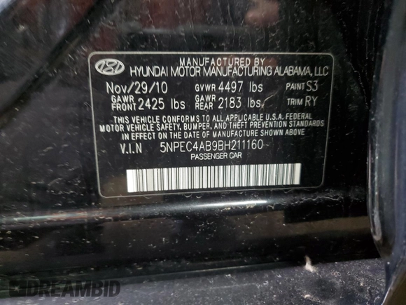 2011 Hyundai Sonata SE with VIN 5NPEC4AB9BH211160, listed as a Copart auction lot 50724985 with 157,037 mi miles and Non Repairable. Bid and sale history available at DreamBid. Image 12.
