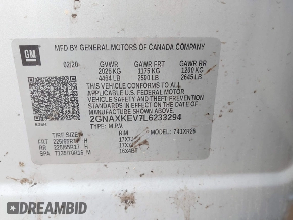 2020 Chevrolet Equinox LT with VIN 2GNAXKEV7L6233294, listed as a IAAI auction lot 41413184 with 118,658 mi miles and . Bid and sale history available at carsss.com. Image 9.