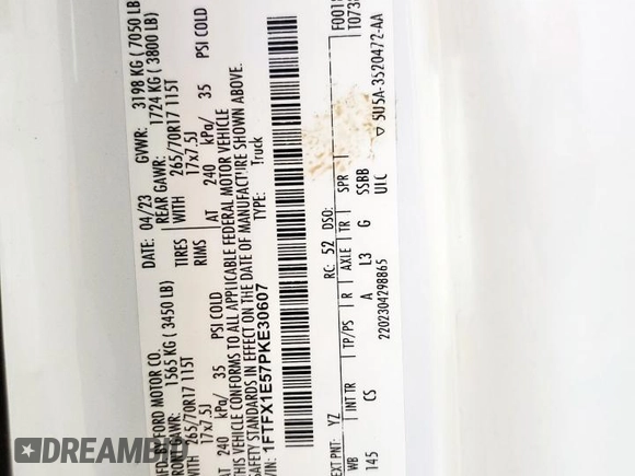 2023 Ford F-150 XL с VIN 1FTFX1E57PKE30607, выставлен на аукционе Copart как лот 63669345 с пробегом 91 148 миль миль и Чистый • Clean title. История ставок и продаж доступна на DreamBid. Изображение 12.