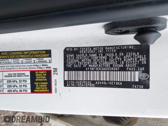 2010 Toyota Camry with VIN 4T1BF3EK3AU558997, listed as a IAAI auction lot 42175136 with 210,954 mi miles and . Bid and sale history available at DreamBid. Image 9.