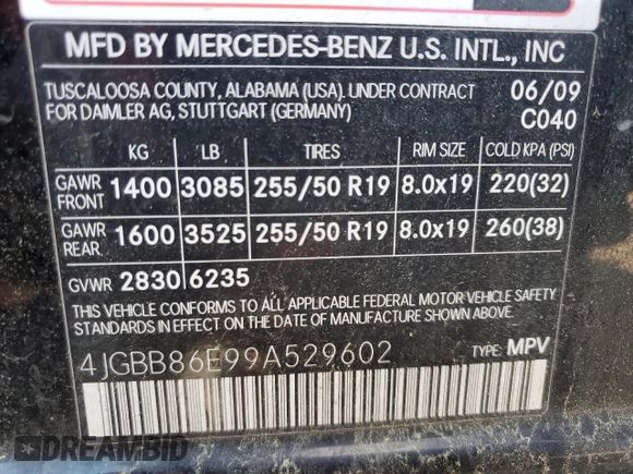 2009 Mercedes-Benz M 350 with VIN 4JGBB86E99A529602, listed as a Copart auction lot 52436885 with 315,302 mi miles and Salvage Title. Bid and sale history available at DreamBid. Image 13.