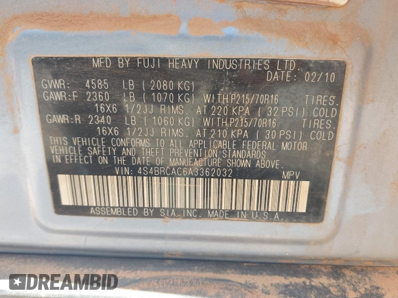 2010 Subaru Outback z VIN 4S4BRCAC6A3362032, wystawiony jako IAAI lot #42109181 z przebiegiem 220 511 mil mil oraz . Historia ofert i sprzedaży dostępna na DreamBid. Obrazek 9.