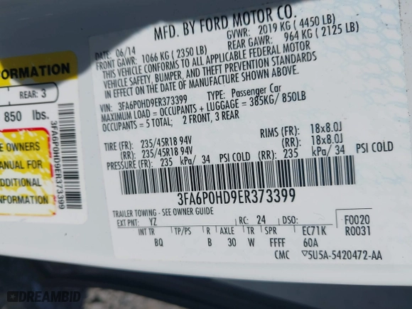 2014 Ford Fusion SE with VIN 3FA6P0HD9ER373399, listed as a IAAI auction lot 42049654 with 95,608 mi miles. Bid and sale history available at carsss.com. Image 9.