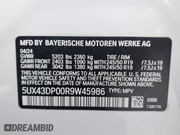 2024 BMW X3 sDrive30i with VIN 5UX43DP00R9W45986, listed as a IAAI auction lot 41725475 with 5,054 mi miles and . Bid and sale history available at DreamBid. Image 9.