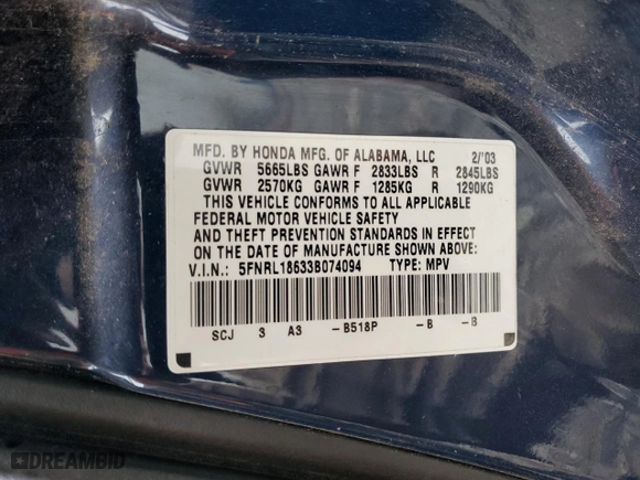 2003 Honda Odyssey EX with VIN 5FNRL18633B074094, listed as a Copart auction lot 50876435 with 185,417 mi miles and Salvage Title. Bid and sale history available at carsss.com. Image 14.