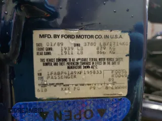 1989 Ford Mustang z VIN 1FABP41A9KF195833, wystawiony jako Copart lot #51102975 z przebiegiem 39 598 mil mil oraz Szkoda całkowita • Salvage title. Historia ofert i sprzedaży dostępna na DreamBid. Obrazek 12.