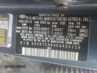 2014 Kia Sorento LX with VIN 5XYKTCA6XEG435159, listed as a Copart auction lot 46936445 with 0 mi miles and Salvage Title. Bid and sale history available at carsss.com. Image 13.