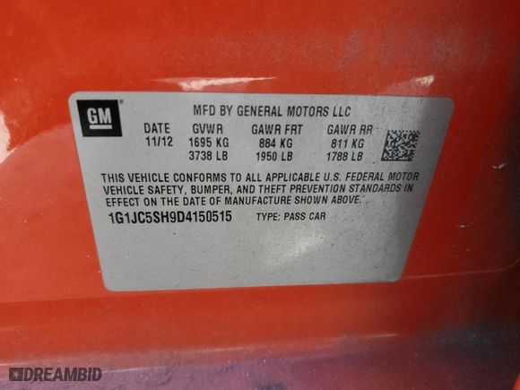 2013 Chevrolet Sonic LT with VIN 1G1JC5SH9D4150515, listed as a Copart auction lot 49301965 with 128,525 mi miles and Salvage Title. Bid and sale history available at carsss.com. Image 14.