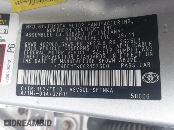 2012 Toyota Camry L z VIN 4T4BF1FK0CR157600, wystawiony jako IAAI lot #42438078 z przebiegiem 94 310 mil mil oraz . Historia ofert i sprzedaży dostępna na DreamBid. Obrazek 9.